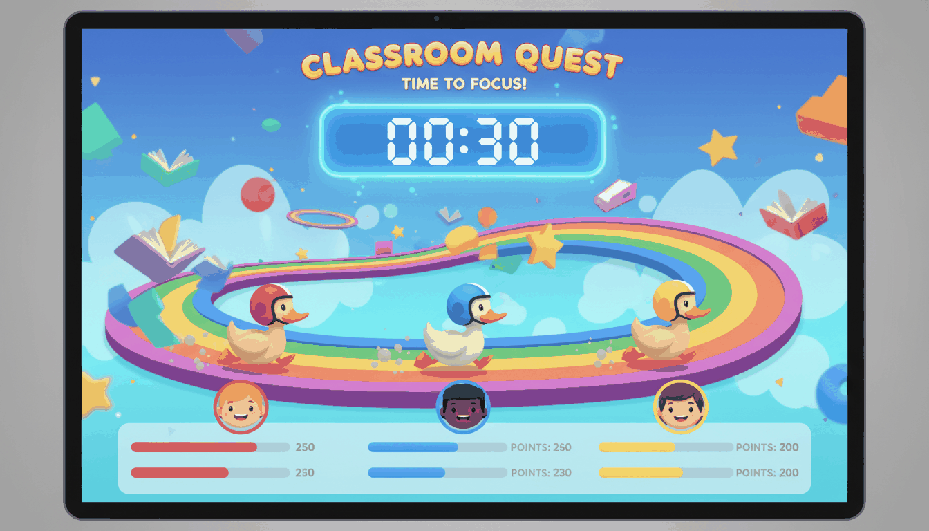 A playful illustration of a gamified classroom timer (e.g., a rocket race)
