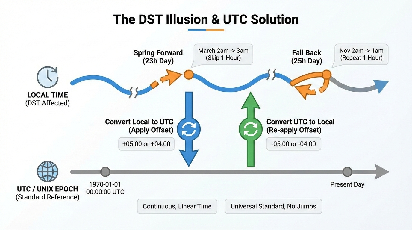 解释夏令时(DST)带来的23小时/25小时错觉，并展示使用UTC作为标准参照物解决问题的流程，这是文章中最需要抽象思维的部分。