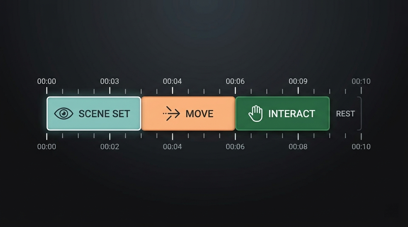A horizontal timeline diagram from 00:00 to 00:10, divided into 3-second colored blocks. Each block labeled with a simple action icon (e.g., Eye for scene set, Arrow for move).