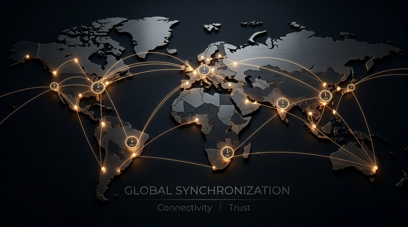 Provides a visual 'breather' and summarizes the global impact of synchronized time before the final call to action.