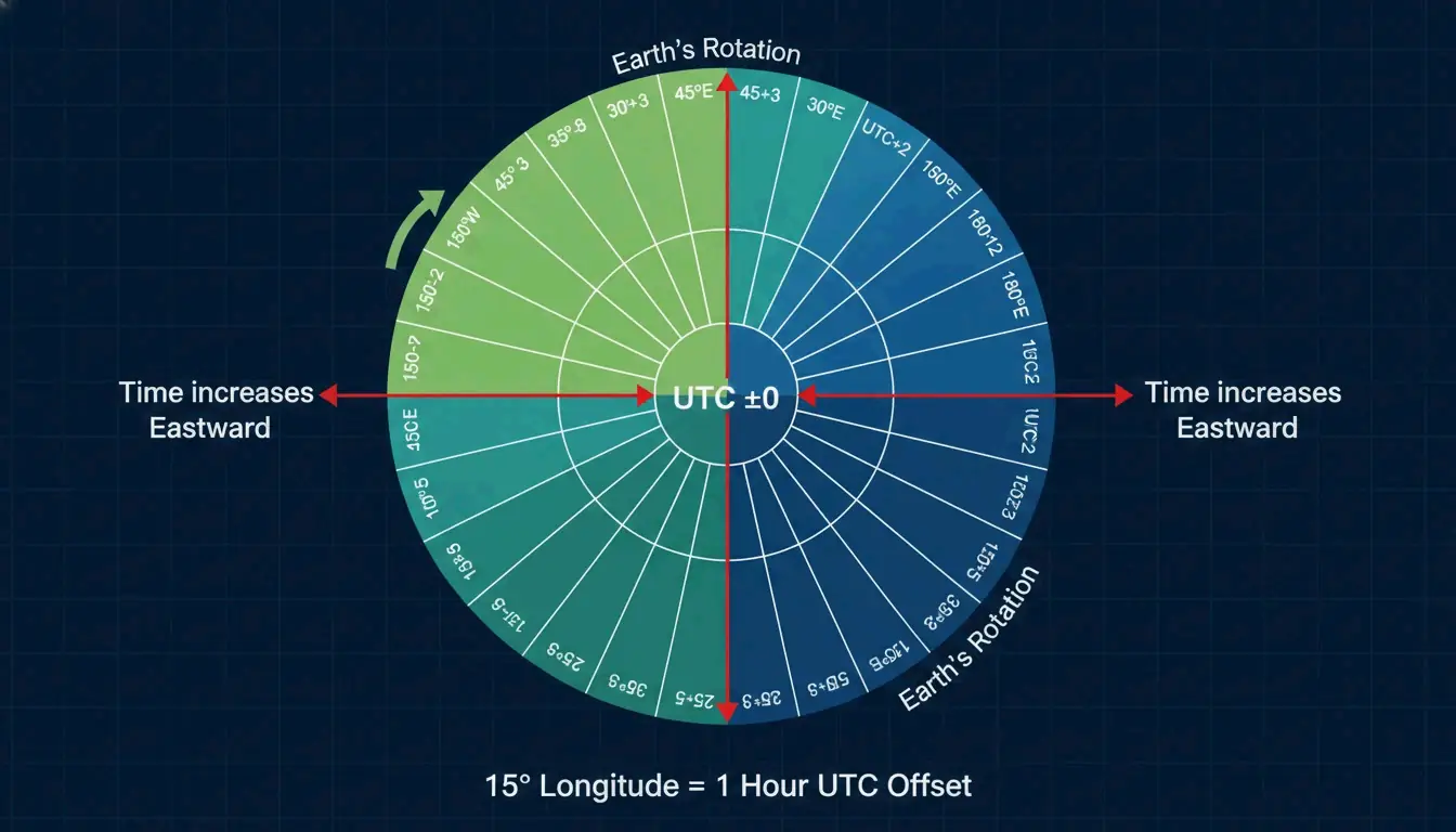 地球经度、15度间隔与UTC偏移量的关系示意图