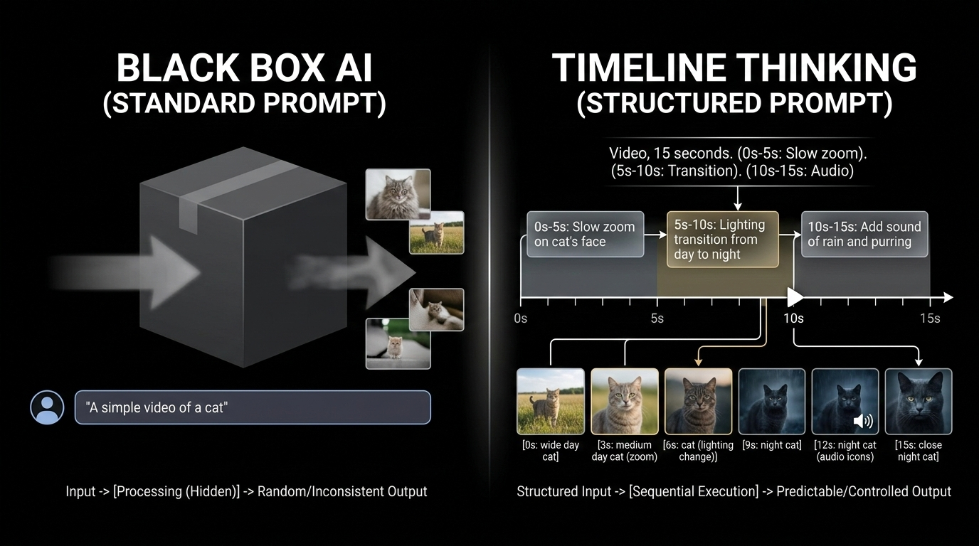 A split diagram: Left side shows a box labeled 'Standard Prompt' with a random output; Right side shows a linear timeline with specific instruction blocks (0s-5s: Zoom, 5s-10s: Night transition).