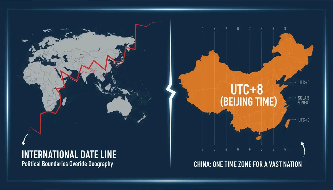 锯齿状的国际日期变更线与非标准时区(如中国、印度)的对比视觉图