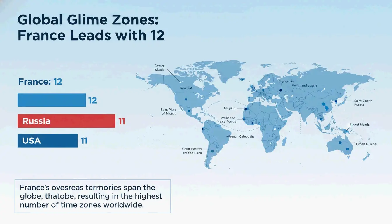各国拥有时区数量排行榜及法国海外领土分布图