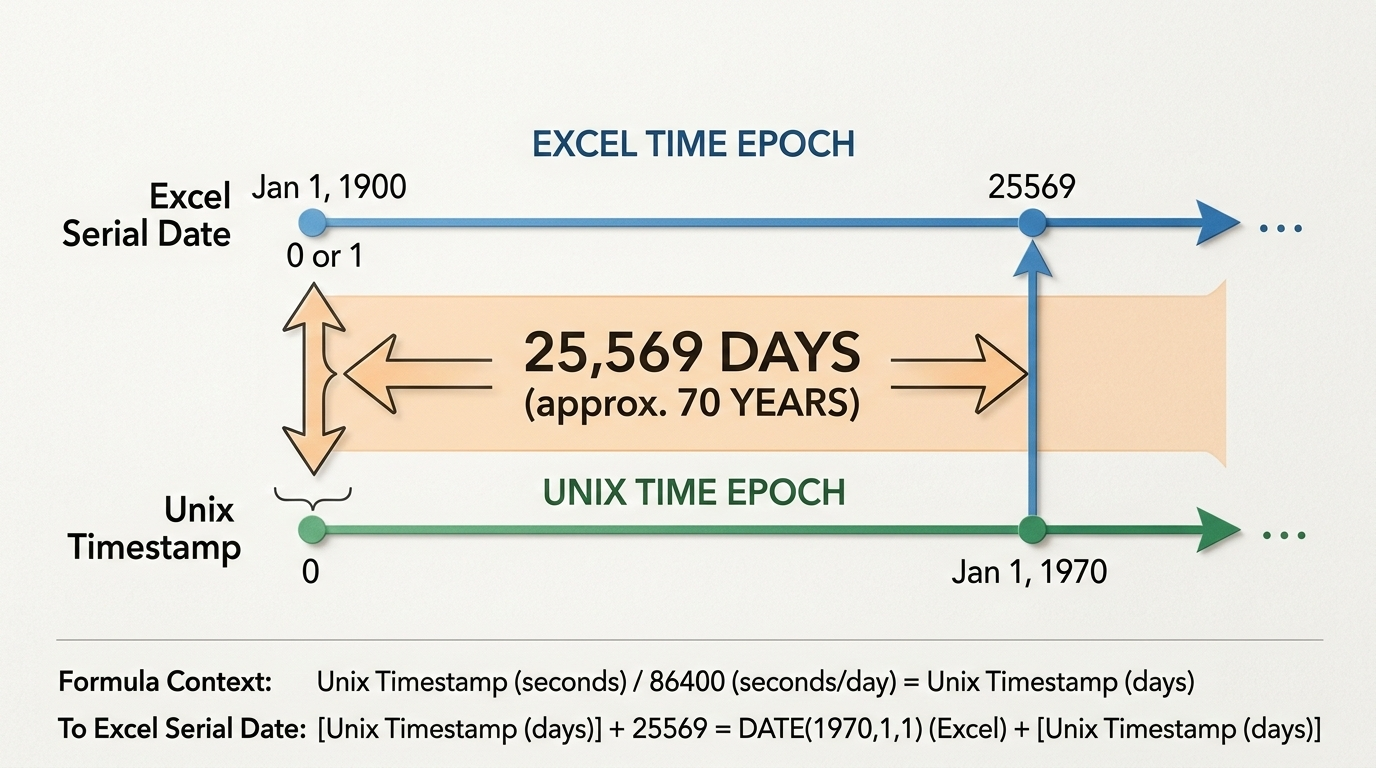 双时间轴对比图：上方为Excel时间轴（起点1900年1月1日），下方为Unix时间轴（起点1970年1月1日），中间用箭头标出25,569天的差距。