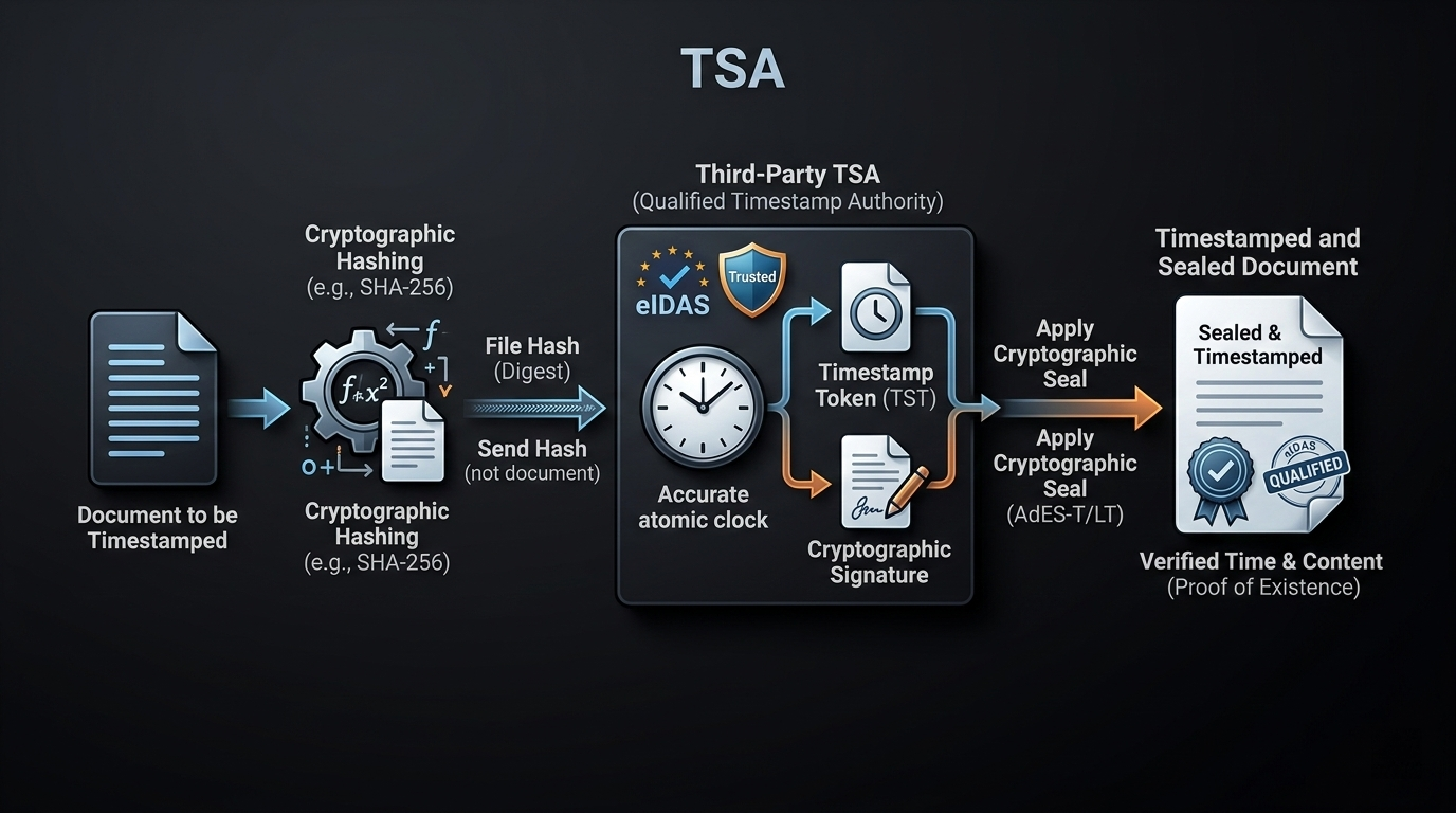 Illustrates the multi-step technical process of acquiring a qualified timestamp from a third-party TSA.