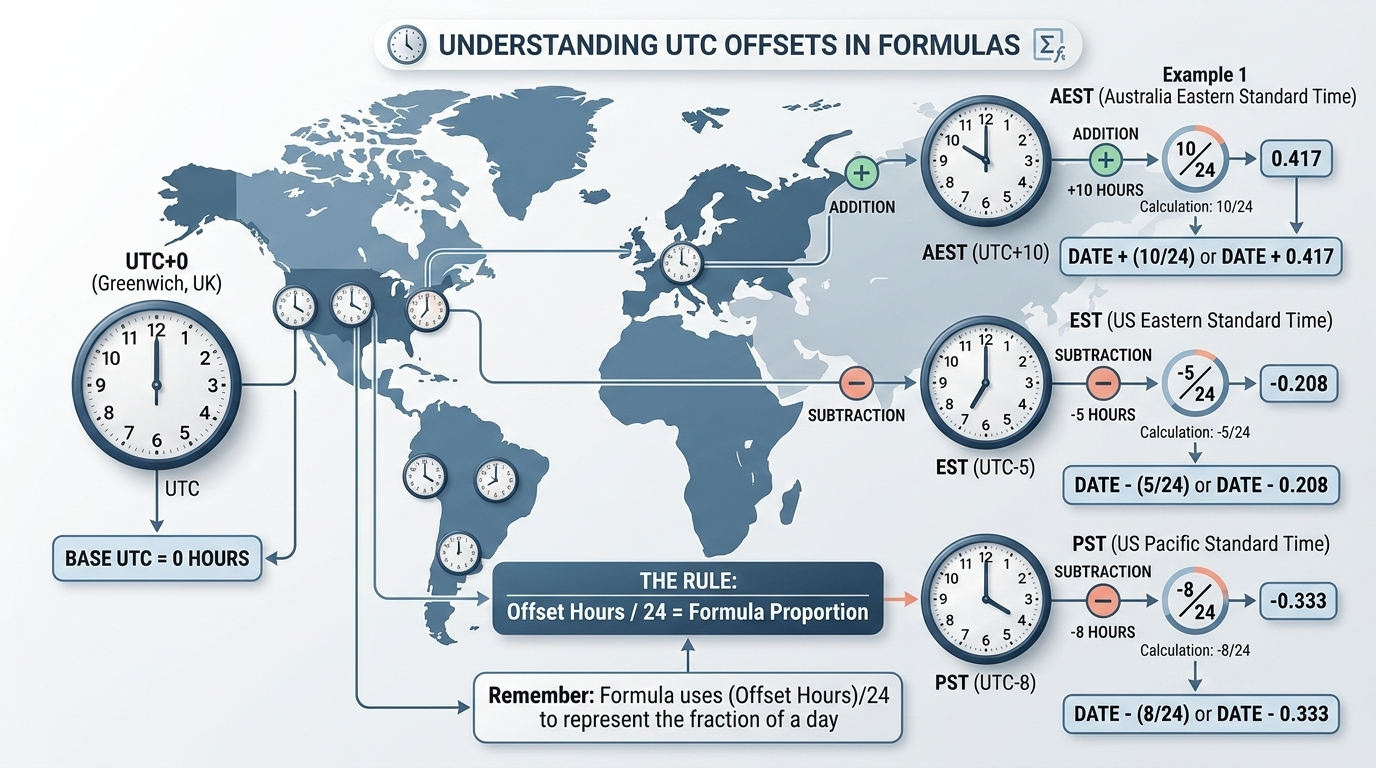 带有世界地图或全球时钟分布的图表，直观显示UTC+0到常见时区（如EST、PST、AEST）的加减偏移计算逻辑。