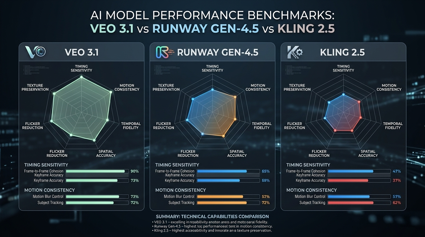 A series of progress bars or radar charts comparing Veo 3.1, Runway Gen-4.5, and Kling 2.5 on 'Timing Sensitivity' and 'Motion Consistency'.