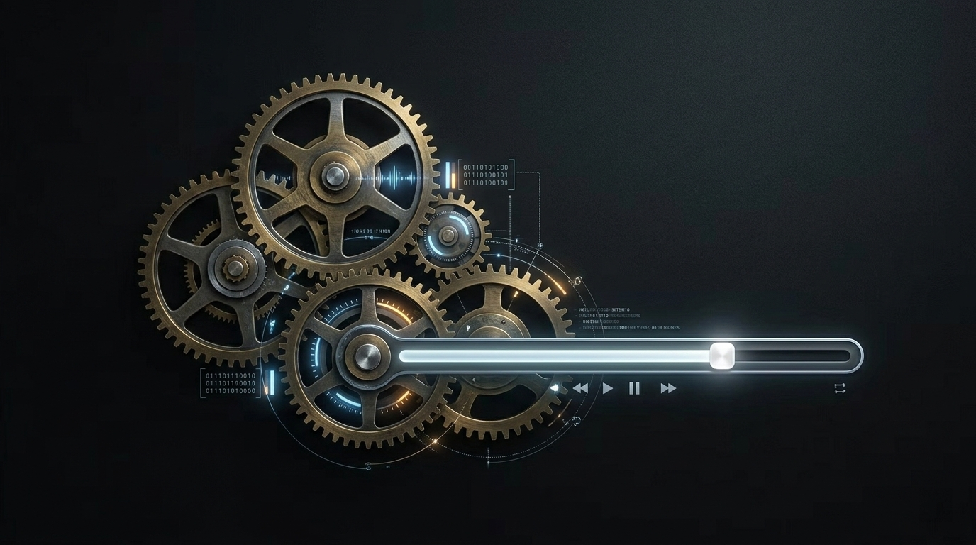An artistic representation of multiple clock gears perfectly interlocking with a video playback bar, symbolizing technical harmony.