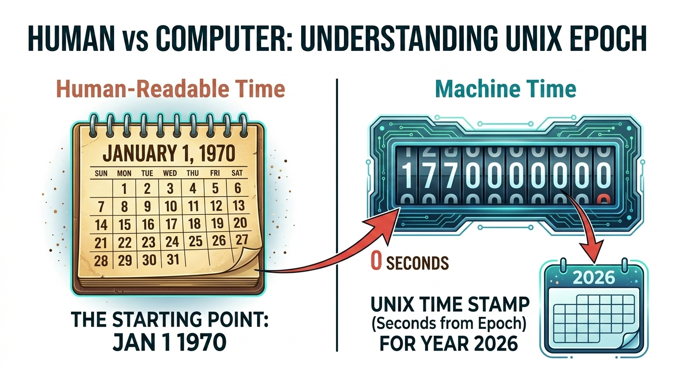 Explains the non-human-readable Unix format by showing its relationship to a standard calendar date.
