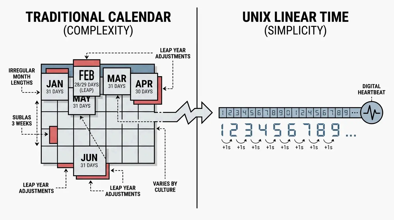 Linear progression of Unix seconds vs. complex calendar cycles