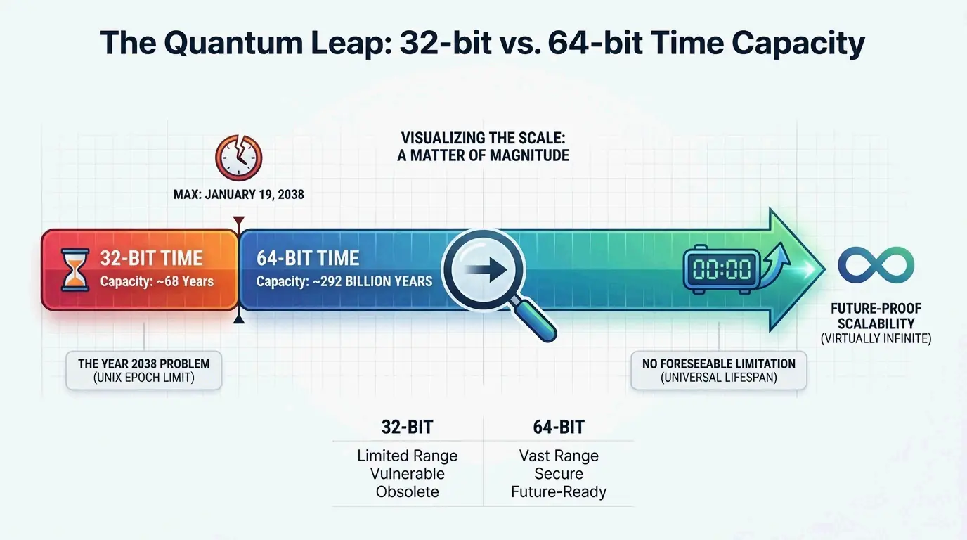 Comparison of 32-bit vs. 64-bit time capacity